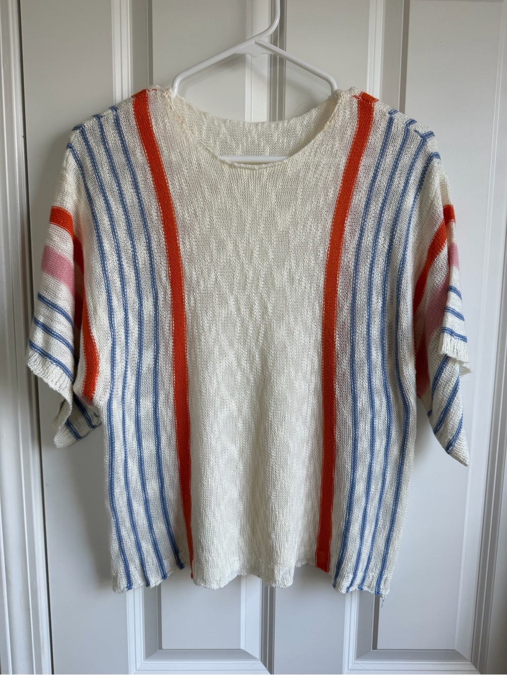 White Striped Short-Sleeve Knit Sweater with Orange & Blue Accents